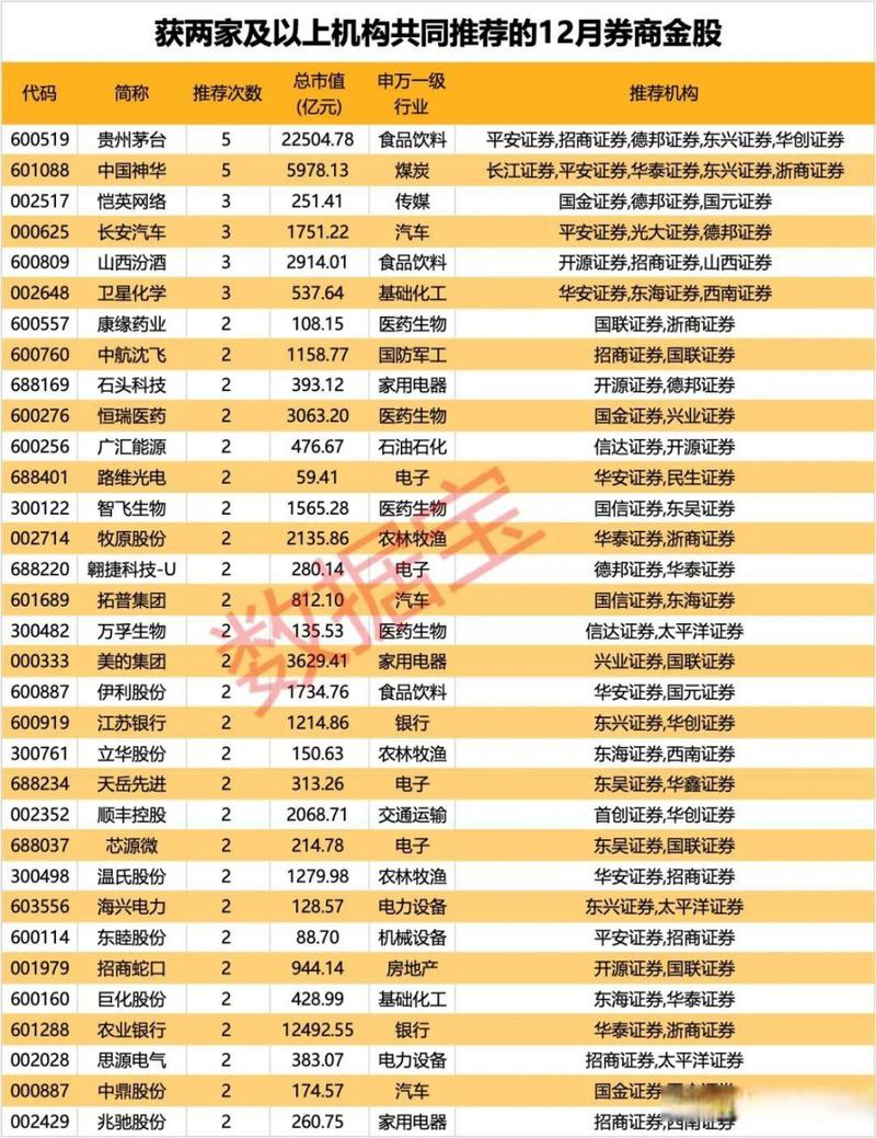 12月券商金股曝光_A股跨年行情机构看好_最近好的股票有哪些